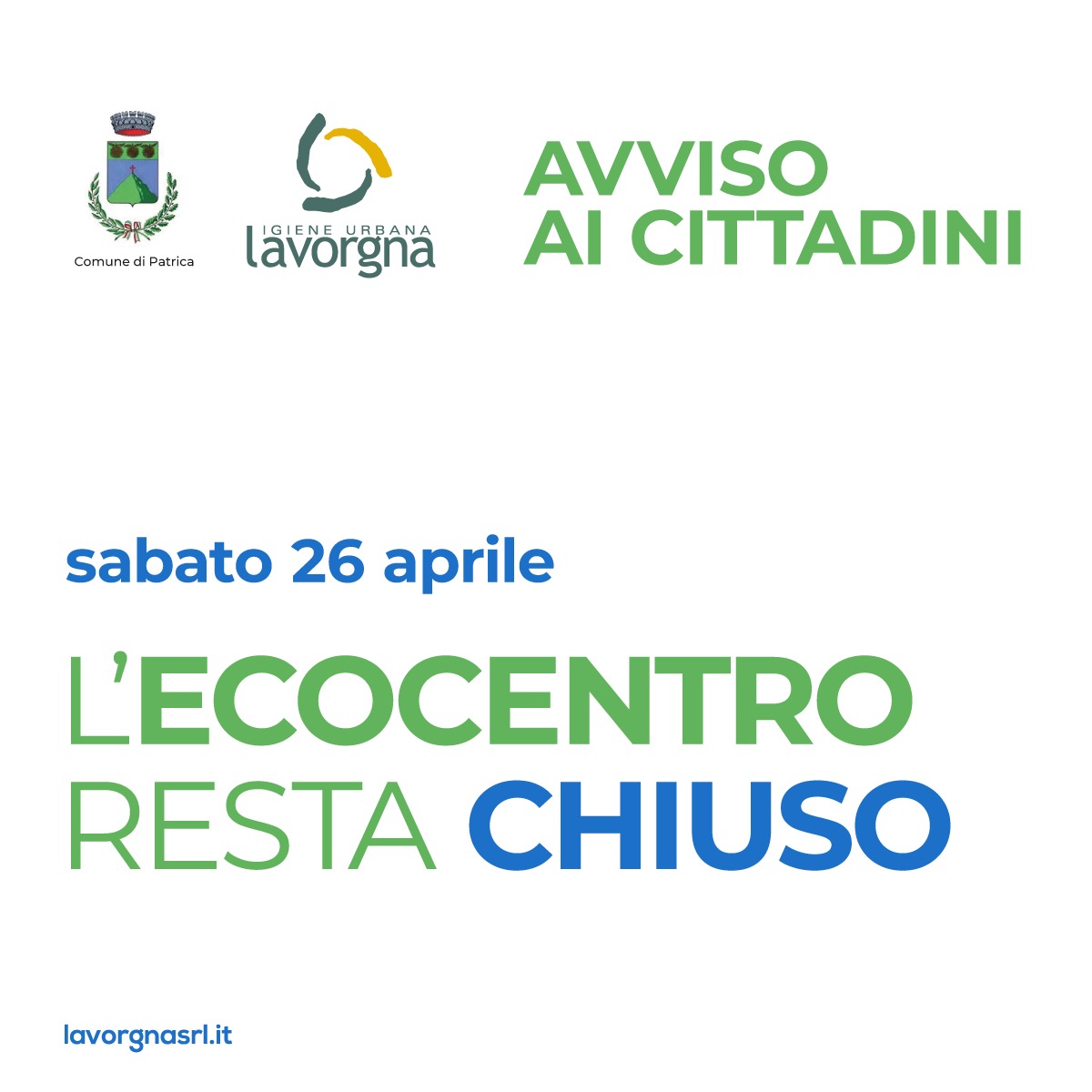 Avviso chiusura ecocentro sabato 26 aprile 2025