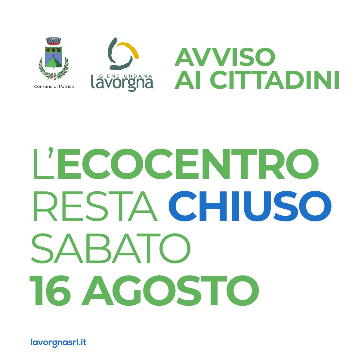 Avviso chiusura ecocentro il 16 agosto 2025