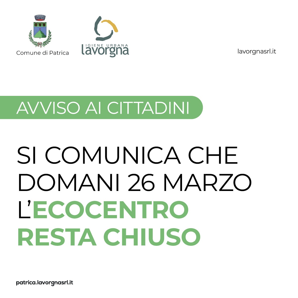 Chiusura ecocentro domani 26 marzo 2026