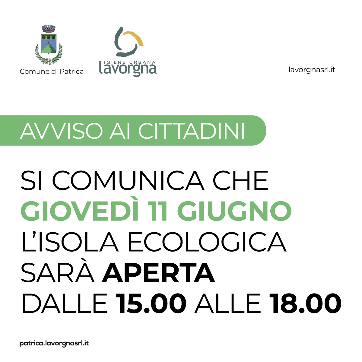 Variazione orario isola ecologica 11 giugno 2026